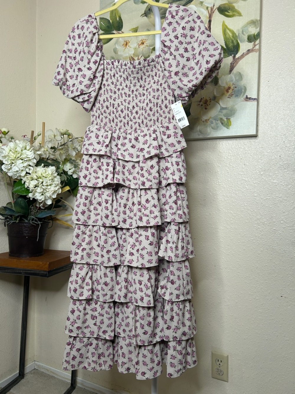 Smocked Square-Neck Pink Floral Tiered Maxi Dress